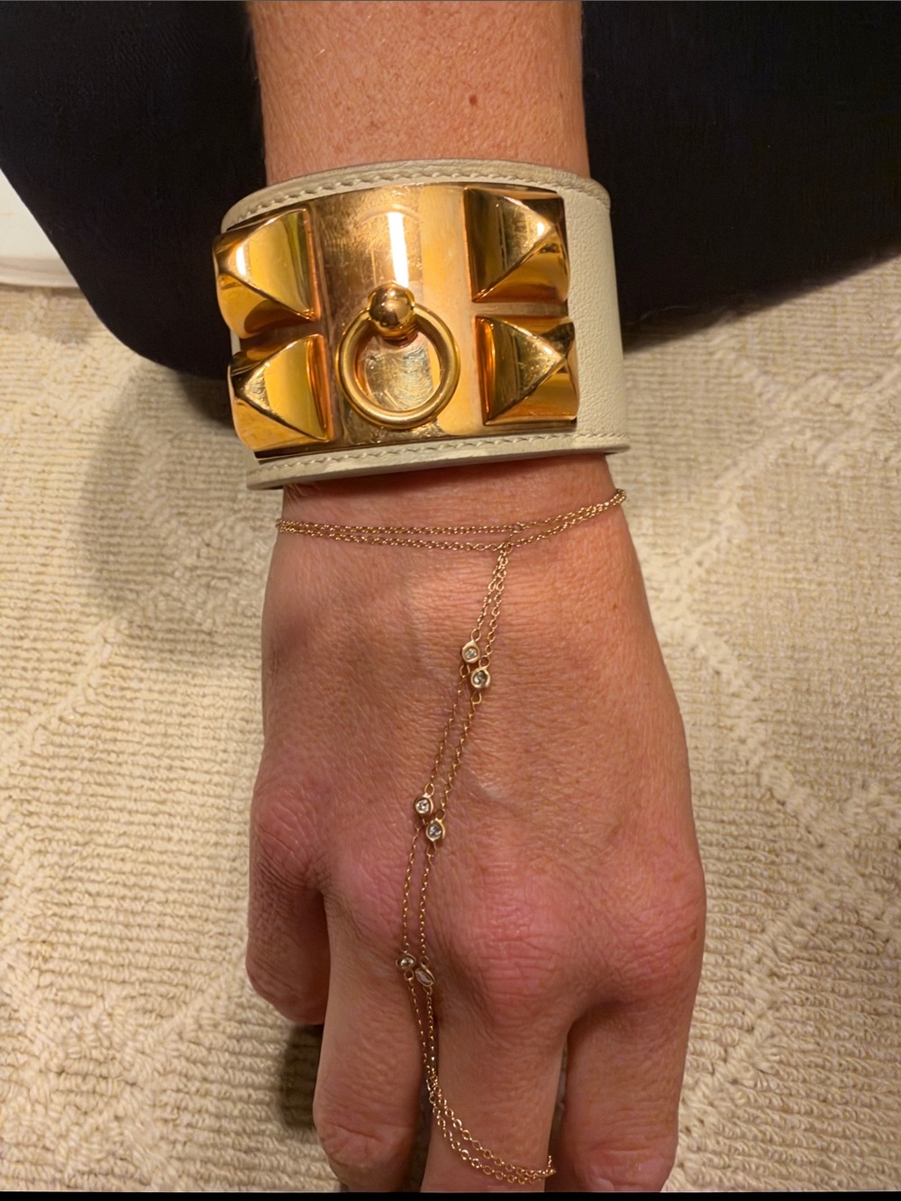 Hermes Pyramid Stud Leather Cuff Bracelet - Cream